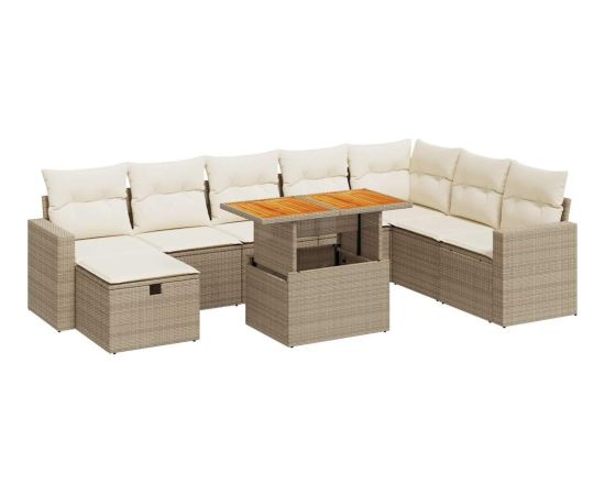 vidaXL 9-cz. zestaw mebli z poduszkami, beżowy, polirattan i akacja Dārza mēbeļu komplekti