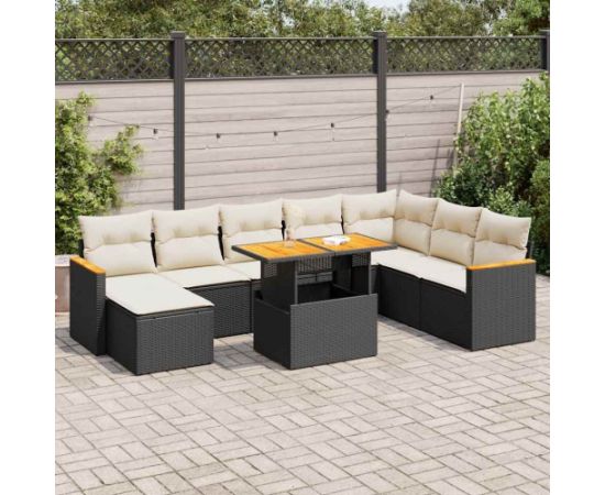 vidaXL 9-cz. zestaw mebli z poduszkami, czarny, polirattan i akacja Dārza mēbeļu komplekti