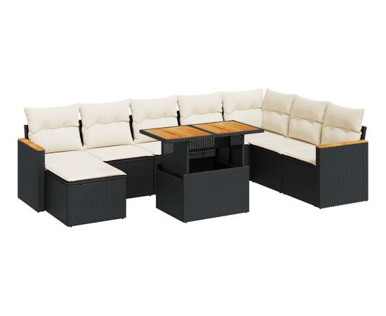 vidaXL 9-cz. zestaw mebli z poduszkami, czarny, polirattan i akacja Dārza mēbeļu komplekti