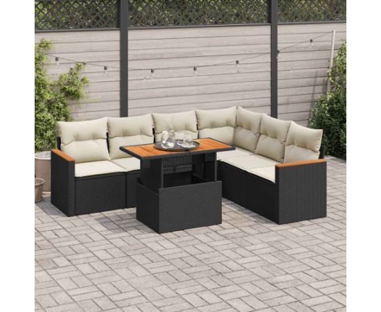 vidaXL 7-cz. zestaw mebli z poduszkami, czarny, polirattan i akacja Dārza mēbeļu komplekti