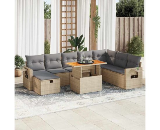 vidaXL 9-cz. zestaw mebli z poduszkami, beżowy, polirattan i akacja Dārza mēbeļu komplekti