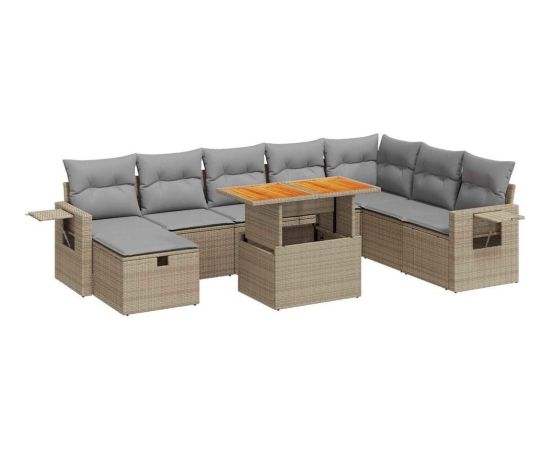 vidaXL 9-cz. zestaw mebli z poduszkami, beżowy, polirattan i akacja Dārza mēbeļu komplekti