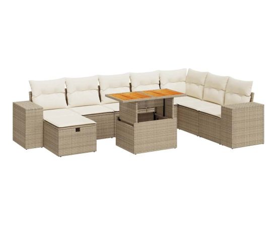 vidaXL 9-cz. zestaw mebli z poduszkami, beżowy, polirattan i akacja Dārza mēbeļu komplekti