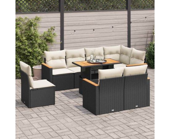 vidaXL 9-cz. zestaw mebli z poduszkami, czarny, polirattan i akacja Dārza mēbeļu komplekti