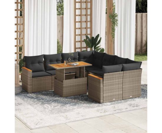 vidaXL 9-cz. zestaw mebli z poduszkami, szary, polirattan i akacja Dārza mēbeļu komplekti