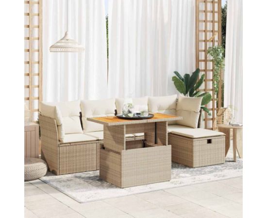 vidaXL 6-cz. zestaw mebli z poduszkami, beżowy, polirattan i akacja Dārza mēbeļu komplekti