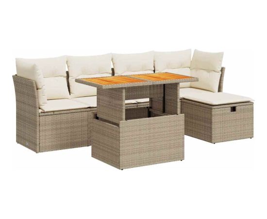 vidaXL 6-cz. zestaw mebli z poduszkami, beżowy, polirattan i akacja Dārza mēbeļu komplekti