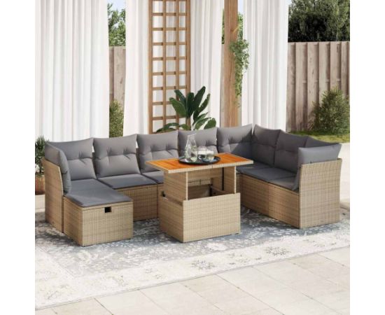 vidaXL 9-cz. zestaw mebli z poduszkami, beżowy, polirattan i akacja Dārza mēbeļu komplekti