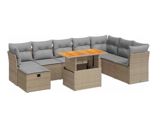 vidaXL 9-cz. zestaw mebli z poduszkami, beżowy, polirattan i akacja Dārza mēbeļu komplekti