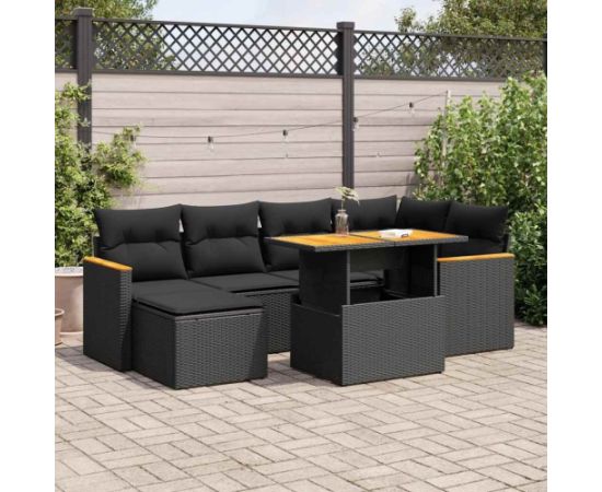 vidaXL 7-cz. zestaw mebli z poduszkami, czarny, polirattan i akacja Dārza mēbeļu komplekti