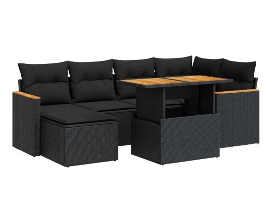 vidaXL 7-cz. zestaw mebli z poduszkami, czarny, polirattan i akacja Dārza mēbeļu komplekti