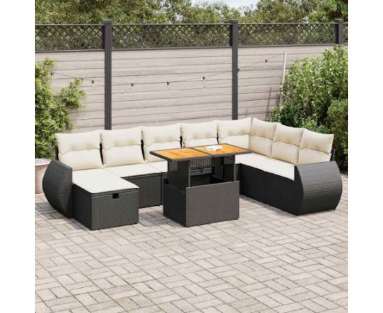 vidaXL 9-cz. zestaw mebli z poduszkami, czarny, polirattan i akacja Dārza mēbeļu komplekti