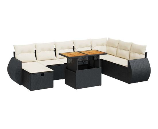 vidaXL 9-cz. zestaw mebli z poduszkami, czarny, polirattan i akacja Dārza mēbeļu komplekti