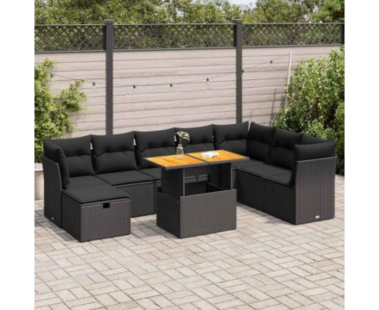 vidaXL 9-cz. zestaw mebli z poduszkami, czarny, polirattan i akacja Dārza mēbeļu komplekti