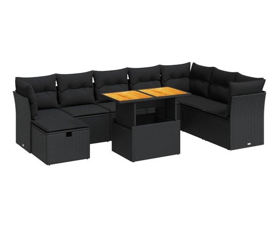 vidaXL 9-cz. zestaw mebli z poduszkami, czarny, polirattan i akacja Dārza mēbeļu komplekti