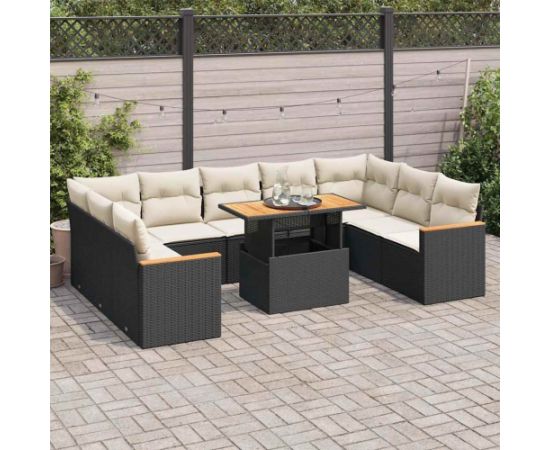 vidaXL 10-cz. zestaw mebli z poduszkami, czarny, polirattan i akacja Dārza mēbeļu komplekti