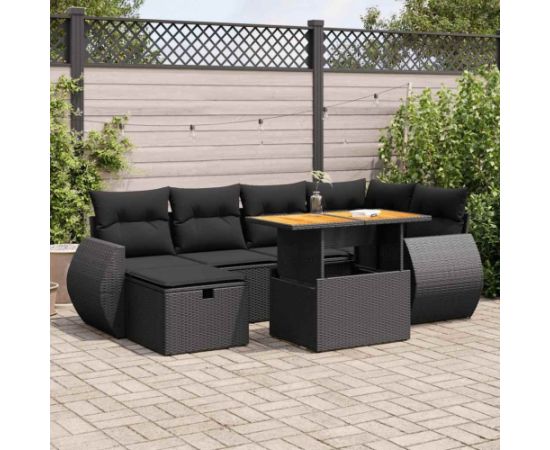 vidaXL 8-cz. zestaw mebli z poduszkami, czarny, polirattan i akacja Dārza mēbeļu komplekti