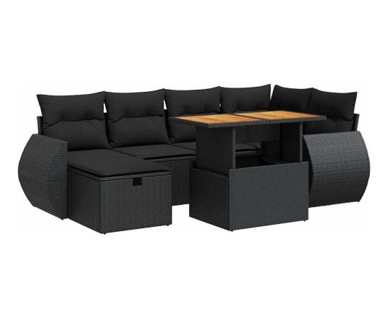 vidaXL 8-cz. zestaw mebli z poduszkami, czarny, polirattan i akacja Dārza mēbeļu komplekti