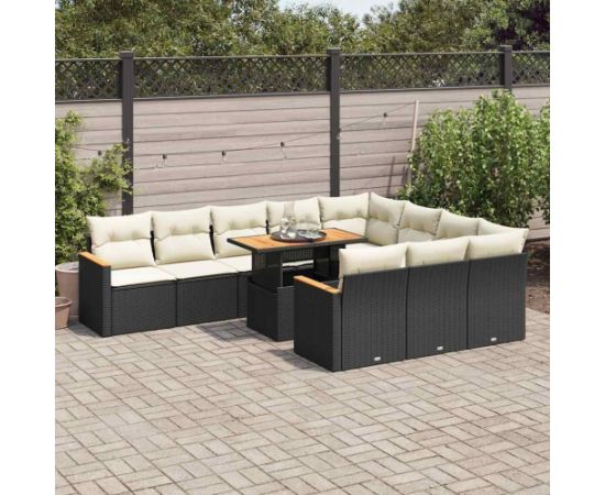 vidaXL 11-cz. zestaw mebli z poduszkami, czarny, polirattan i akacja Dārza mēbeļu komplekti