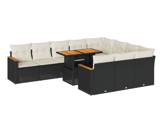 vidaXL 11-cz. zestaw mebli z poduszkami, czarny, polirattan i akacja Dārza mēbeļu komplekti