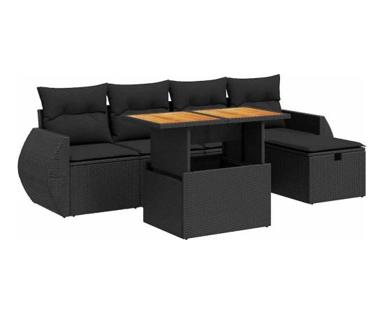 vidaXL 6-cz. zestaw mebli z poduszkami, czarny, polirattan i akacja Dārza mēbeļu komplekti