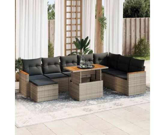 vidaXL 9-cz. zestaw mebli z poduszkami, szary, polirattan i akacja Dārza mēbeļu komplekti