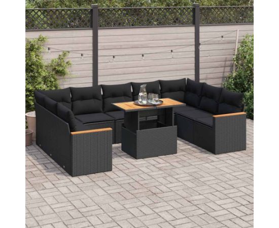 vidaXL 10-cz. zestaw mebli z poduszkami, czarny, polirattan i akacja Dārza mēbeļu komplekti