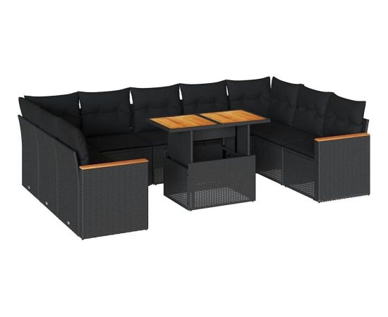 vidaXL 10-cz. zestaw mebli z poduszkami, czarny, polirattan i akacja Dārza mēbeļu komplekti