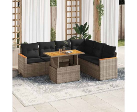 vidaXL 7-cz. zestaw mebli z poduszkami, szary, polirattan i akacja Dārza mēbeļu komplekti