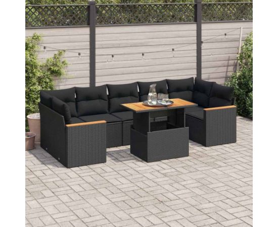 vidaXL 7-cz. zestaw mebli z poduszkami, czarny, polirattan i akacja Dārza mēbeļu komplekti
