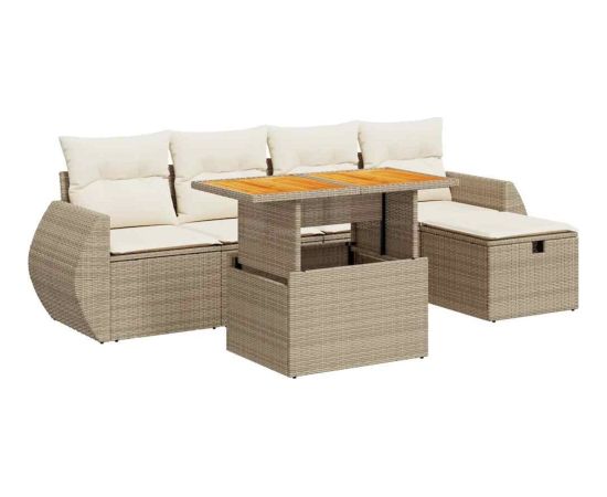 vidaXL 6-cz. zestaw mebli z poduszkami, beżowy, polirattan i akacja Dārza mēbeļu komplekti