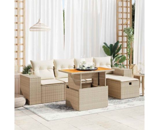 vidaXL 6-cz. zestaw mebli z poduszkami, beżowy, polirattan i akacja Dārza mēbeļu komplekti