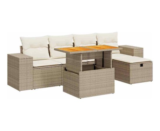 vidaXL 6-cz. zestaw mebli z poduszkami, beżowy, polirattan i akacja Dārza mēbeļu komplekti