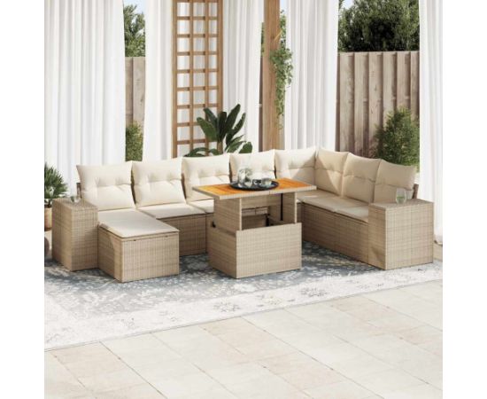 vidaXL 9-cz. zestaw mebli z poduszkami, beżowy, polirattan i akacja Dārza mēbeļu komplekti