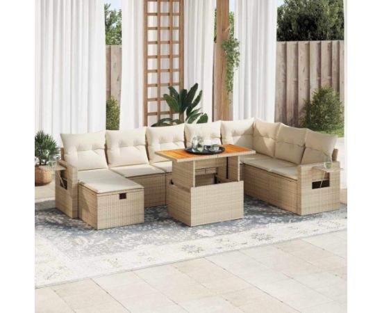 vidaXL 9-cz. zestaw mebli z poduszkami, beżowy, polirattan i akacja Dārza mēbeļu komplekti