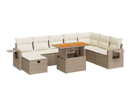 vidaXL 9-cz. zestaw mebli z poduszkami, beżowy, polirattan i akacja Dārza mēbeļu komplekti