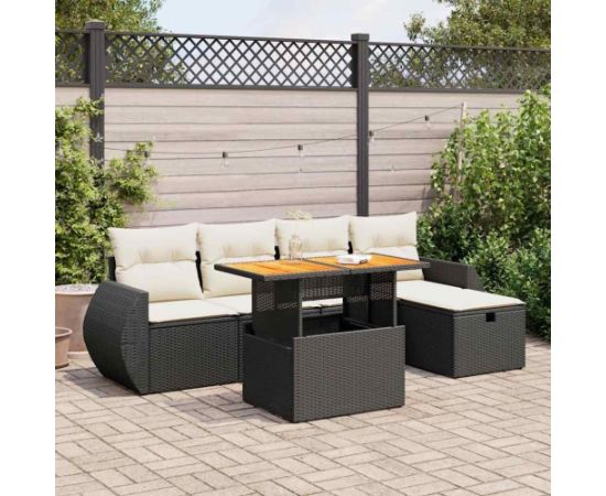 vidaXL 6-cz. zestaw mebli z poduszkami, czarny, polirattan i akacja Dārza mēbeļu komplekti