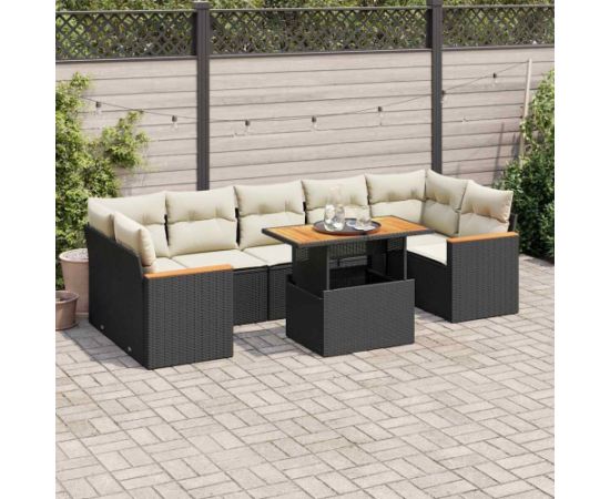 vidaXL 7-cz. zestaw mebli z poduszkami, czarny, polirattan i akacja Dārza mēbeļu komplekti