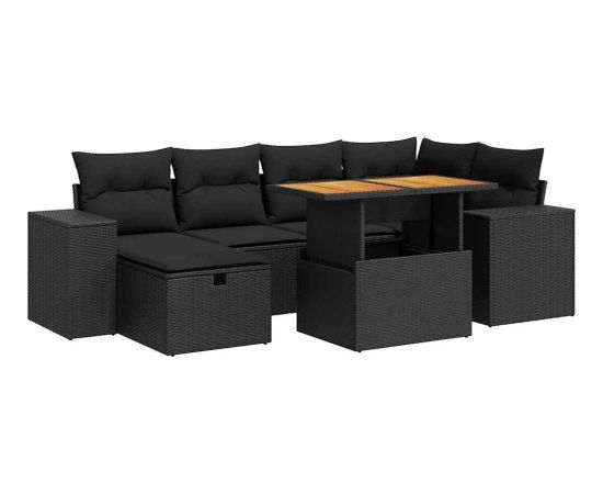 vidaXL 8-cz. zestaw mebli z poduszkami, czarny, polirattan i akacja Dārza mēbeļu komplekti