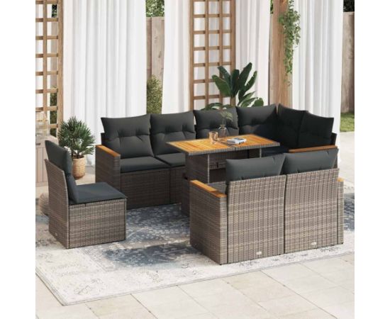 vidaXL 9-cz. zestaw mebli z poduszkami, szary, polirattan i akacja Dārza mēbeļu komplekti