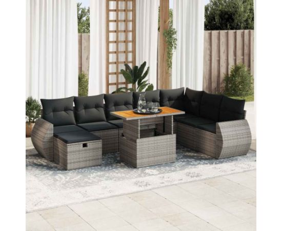 vidaXL 9-cz. zestaw mebli z poduszkami, szary, polirattan i akacja Dārza mēbeļu komplekti