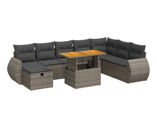 vidaXL 9-cz. zestaw mebli z poduszkami, szary, polirattan i akacja Dārza mēbeļu komplekti