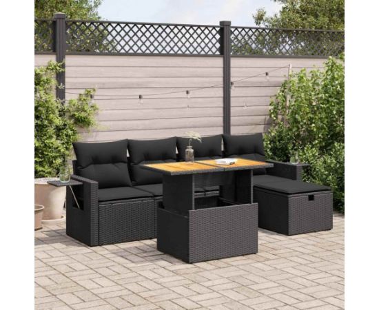 vidaXL 6-cz. zestaw mebli z poduszkami, czarny, polirattan i akacja Dārza mēbeļu komplekti