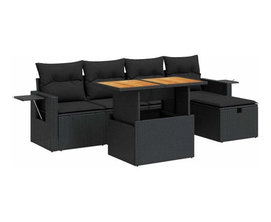 vidaXL 6-cz. zestaw mebli z poduszkami, czarny, polirattan i akacja Dārza mēbeļu komplekti