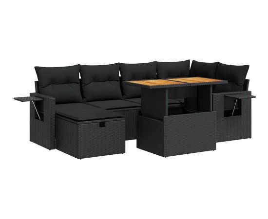 vidaXL 8-cz. zestaw mebli z poduszkami, czarny, polirattan i akacja Dārza mēbeļu komplekti