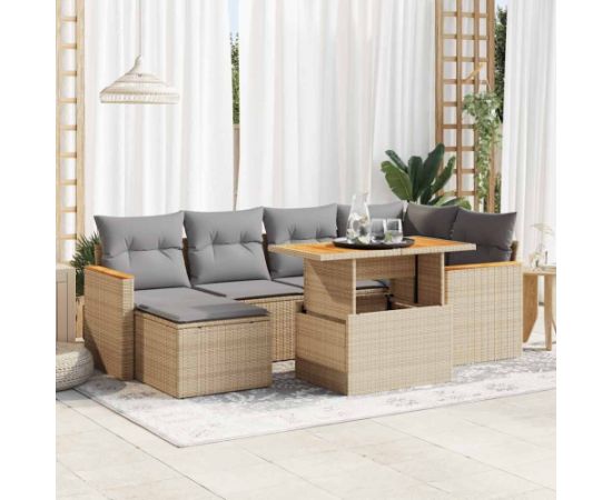 vidaXL 7-cz. zestaw mebli z poduszkami, beżowy, polirattan i akacja Dārza mēbeļu komplekti