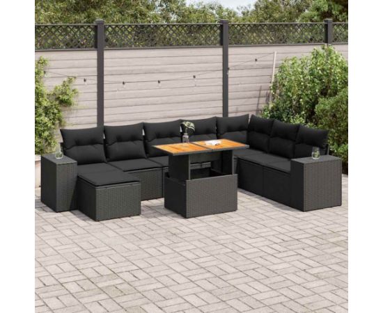 vidaXL 9-cz. zestaw mebli z poduszkami, czarny, polirattan i akacja Dārza mēbeļu komplekti