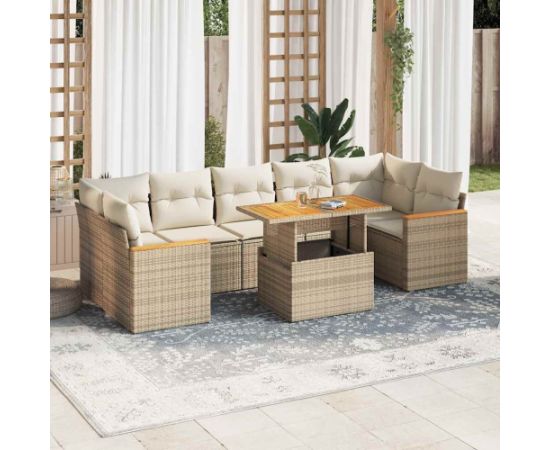 vidaXL 7-cz. zestaw mebli z poduszkami, beżowy, polirattan i akacja Dārza mēbeļu komplekti