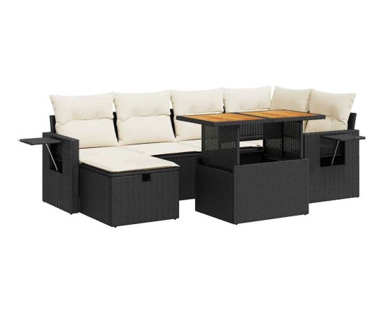 vidaXL 8-cz. zestaw mebli z poduszkami, czarny, polirattan i akacja Dārza mēbeļu komplekti