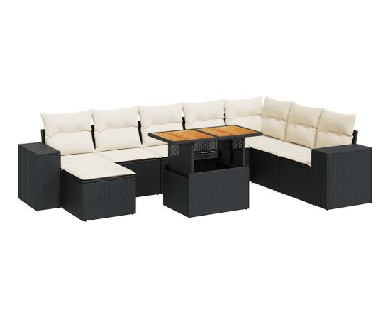 vidaXL 9-cz. zestaw mebli z poduszkami, czarny, polirattan i akacja Dārza mēbeļu komplekti